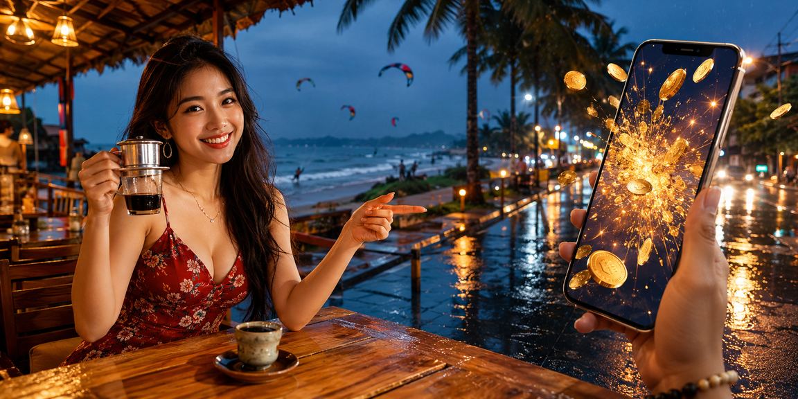 Người dùng nhận cashback tiền thưởng tại quán cà phê bên biển Mũi Né